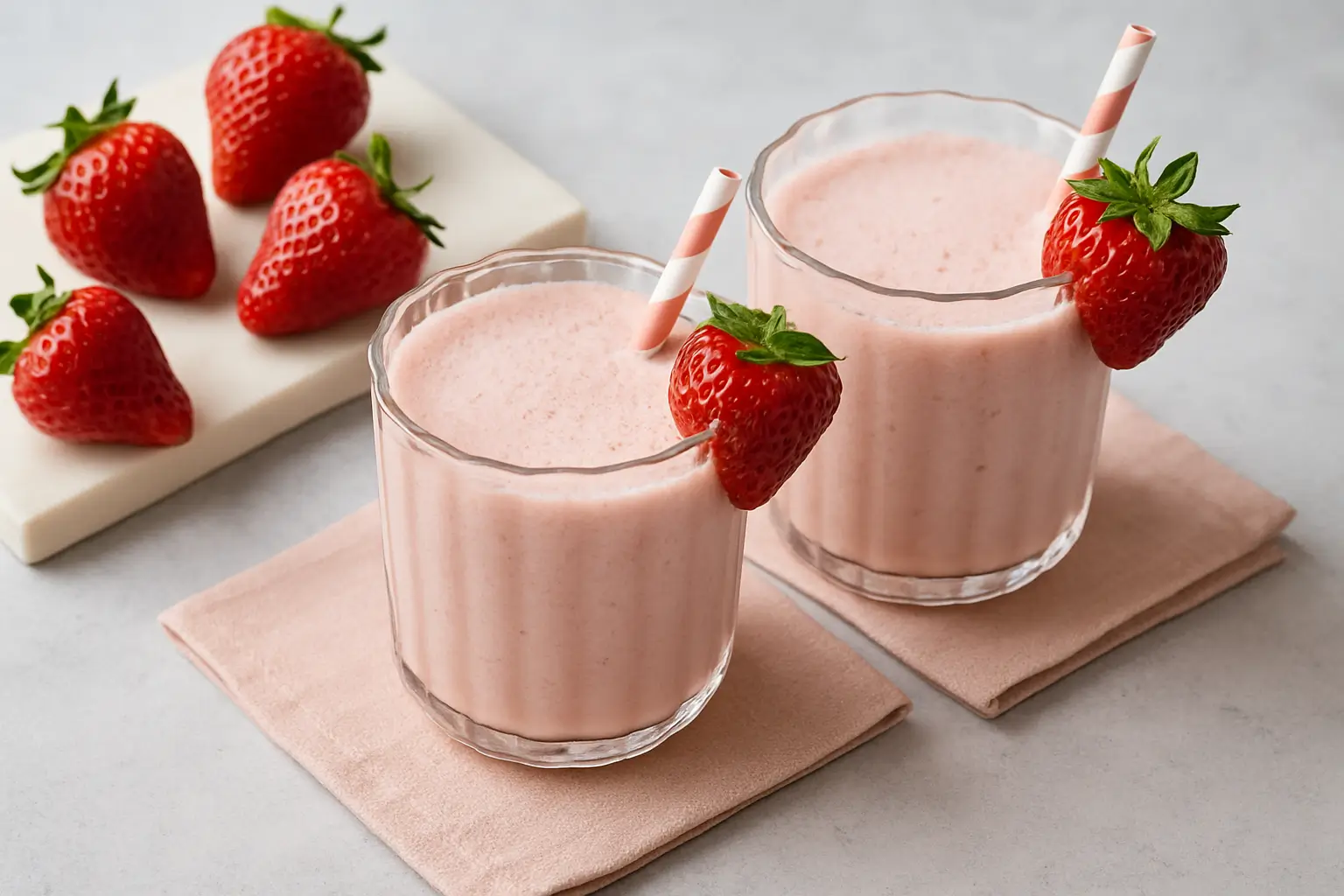 Icy strawberry smoothie in a tall glass with a straw