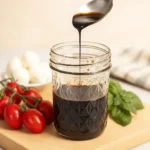Small jar of balsamic glaze with a spoon and roasted vegetables nearby.