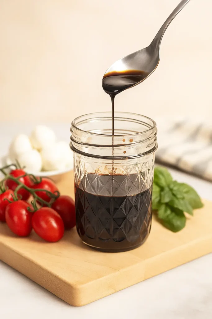 Small jar of balsamic glaze with a spoon and roasted vegetables nearby.