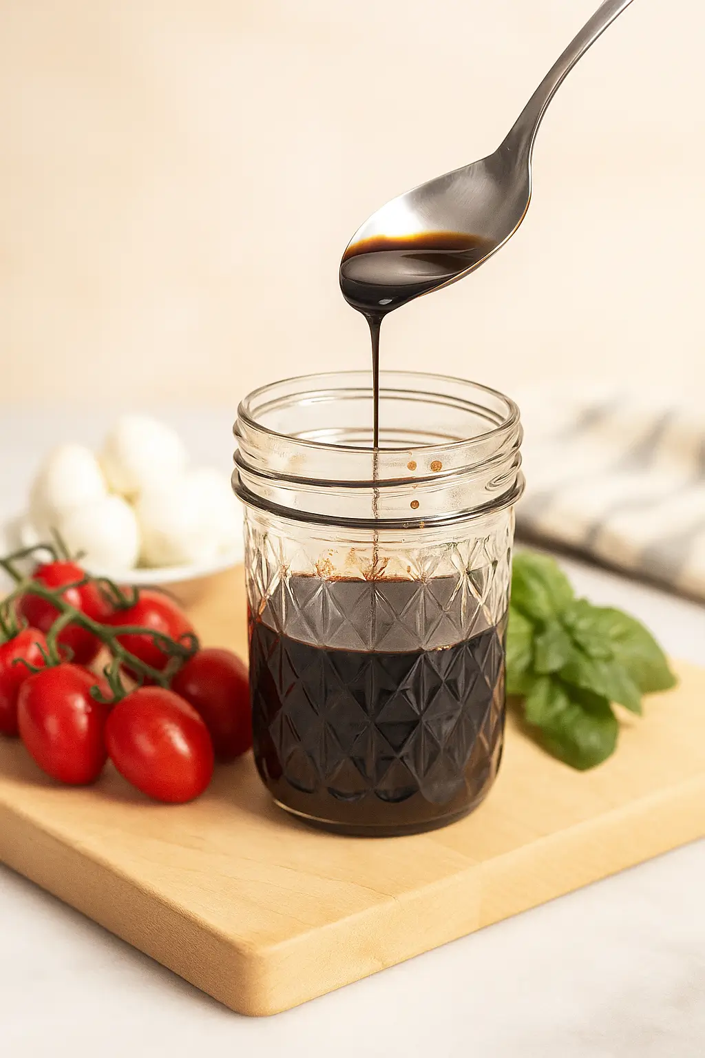Small jar of balsamic glaze with a spoon and roasted vegetables nearby.