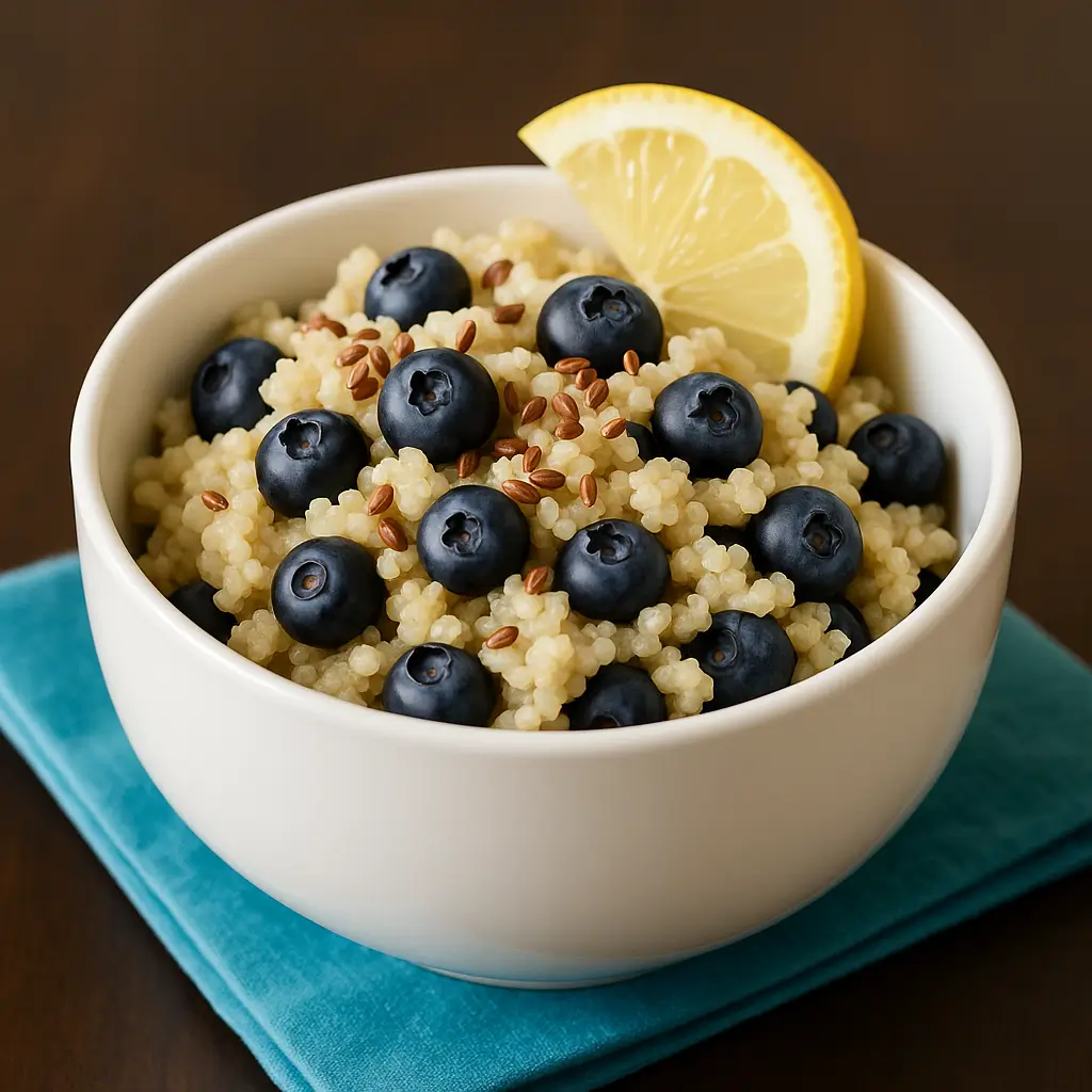 Blueberry lemon breakfast quinoa in a white bowl topped with fresh blueberries and lemon zest.