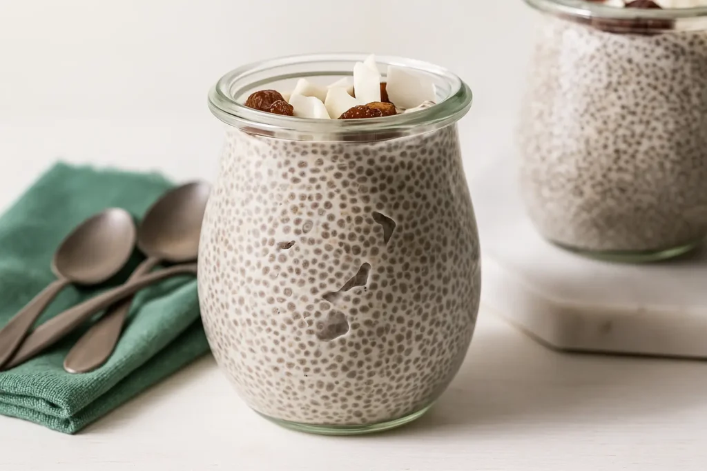 Chia pudding in a jar topped with coconut flakes and raisins.