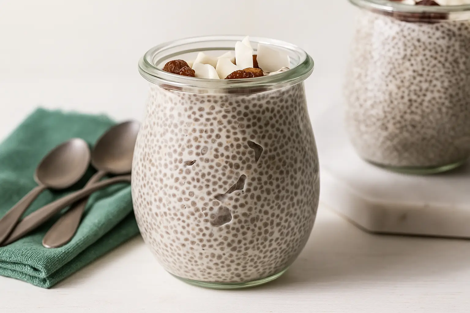 Chia pudding in a jar topped with coconut flakes and raisins.