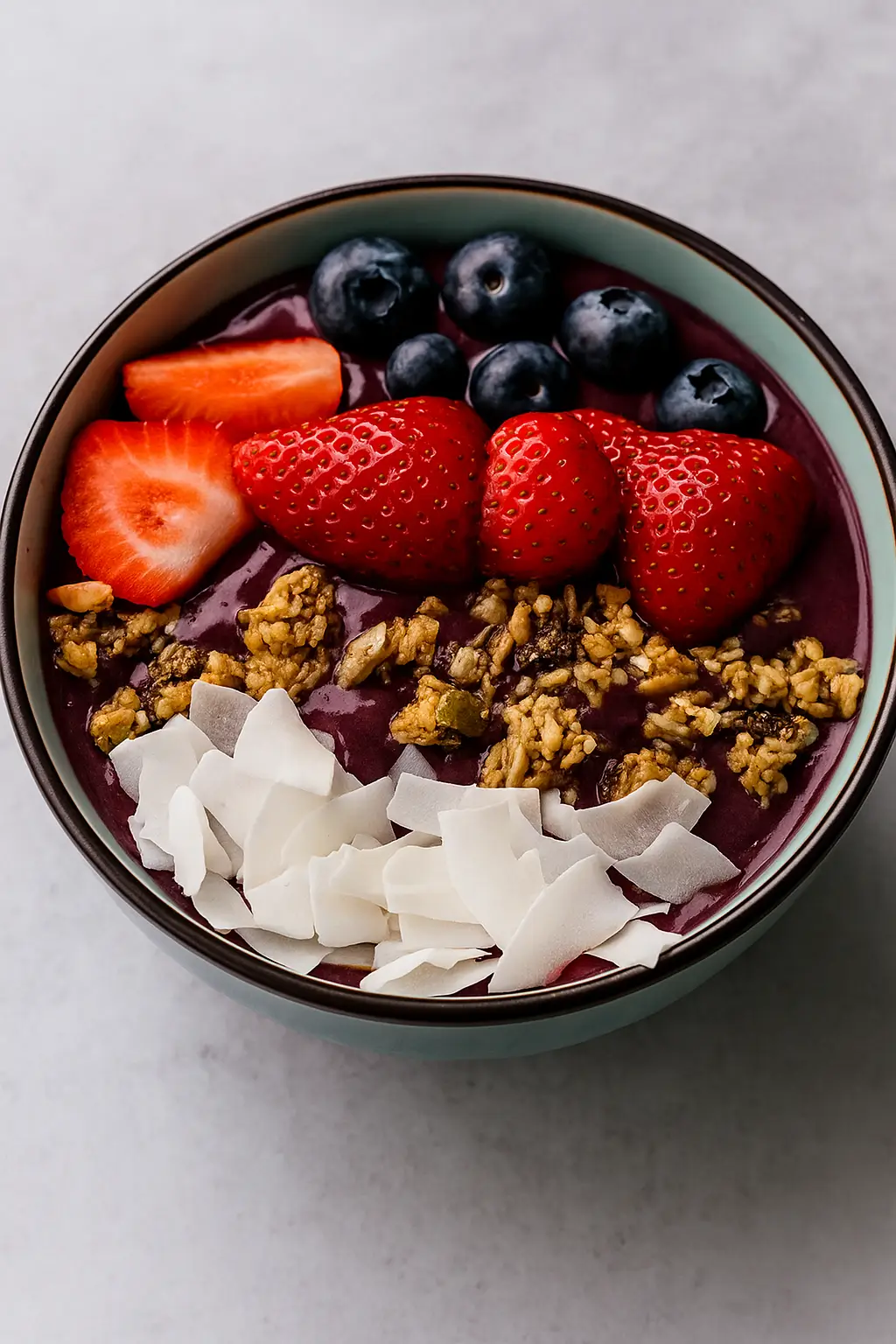 Thick acai smoothie bowl topped with banana slices, blueberries, pomegranate and coconut flakes.