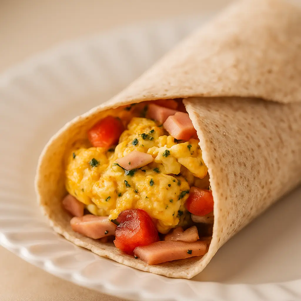 Egg Pesto Breakfast Wrap cut in half showing scrambled eggs, turkey sausage crumbles and artichokes
