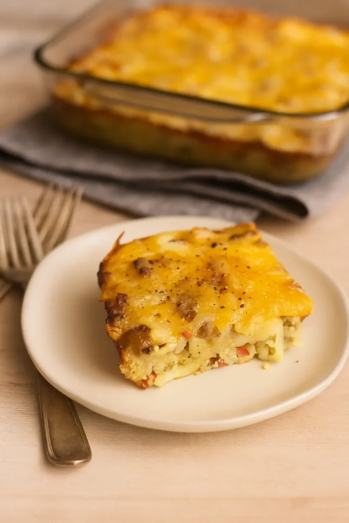 Gluten-free breakfast casserole with melted cheddar and tomatoes in a 9x13 pan