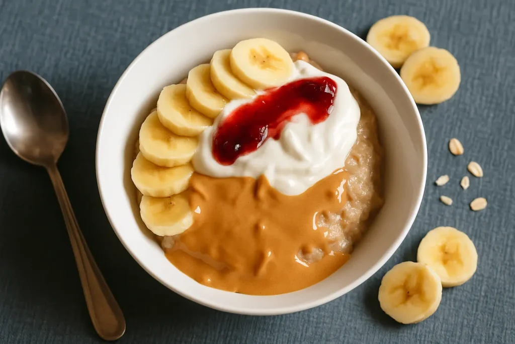 Greek yogurt oatmeal bowl with peanut butter and strawberry jam.