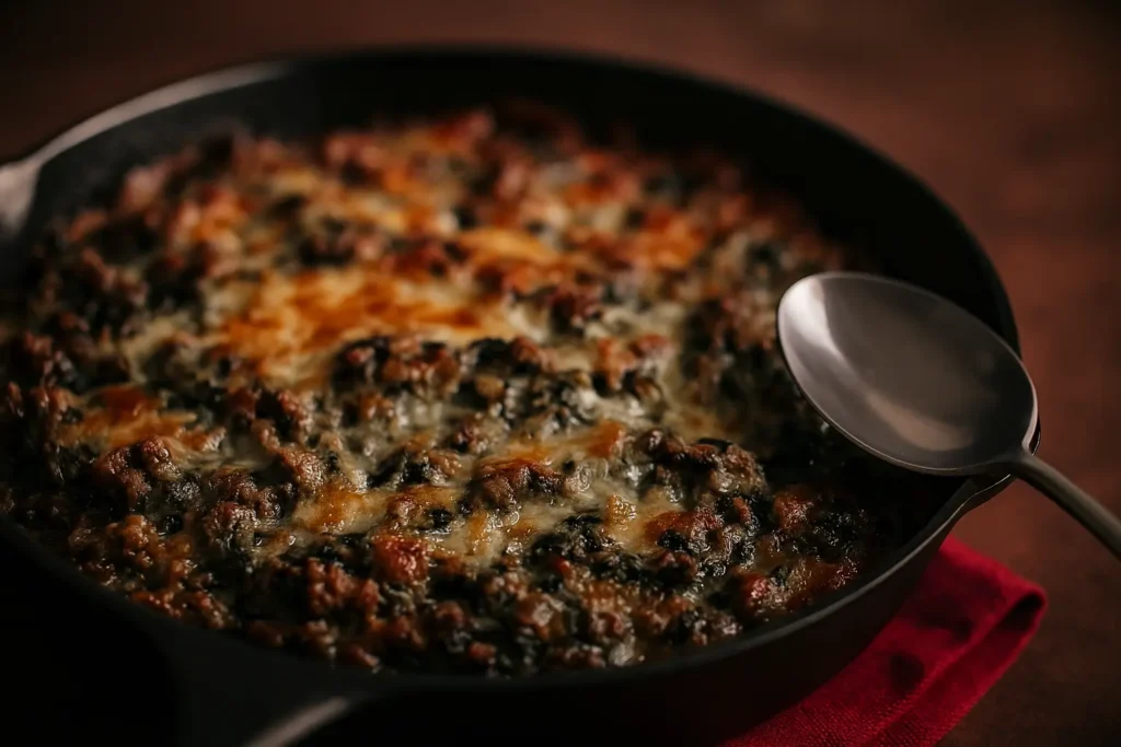 Cheesy ground beef and spinach casserole in a baking dish with melted mozzarella