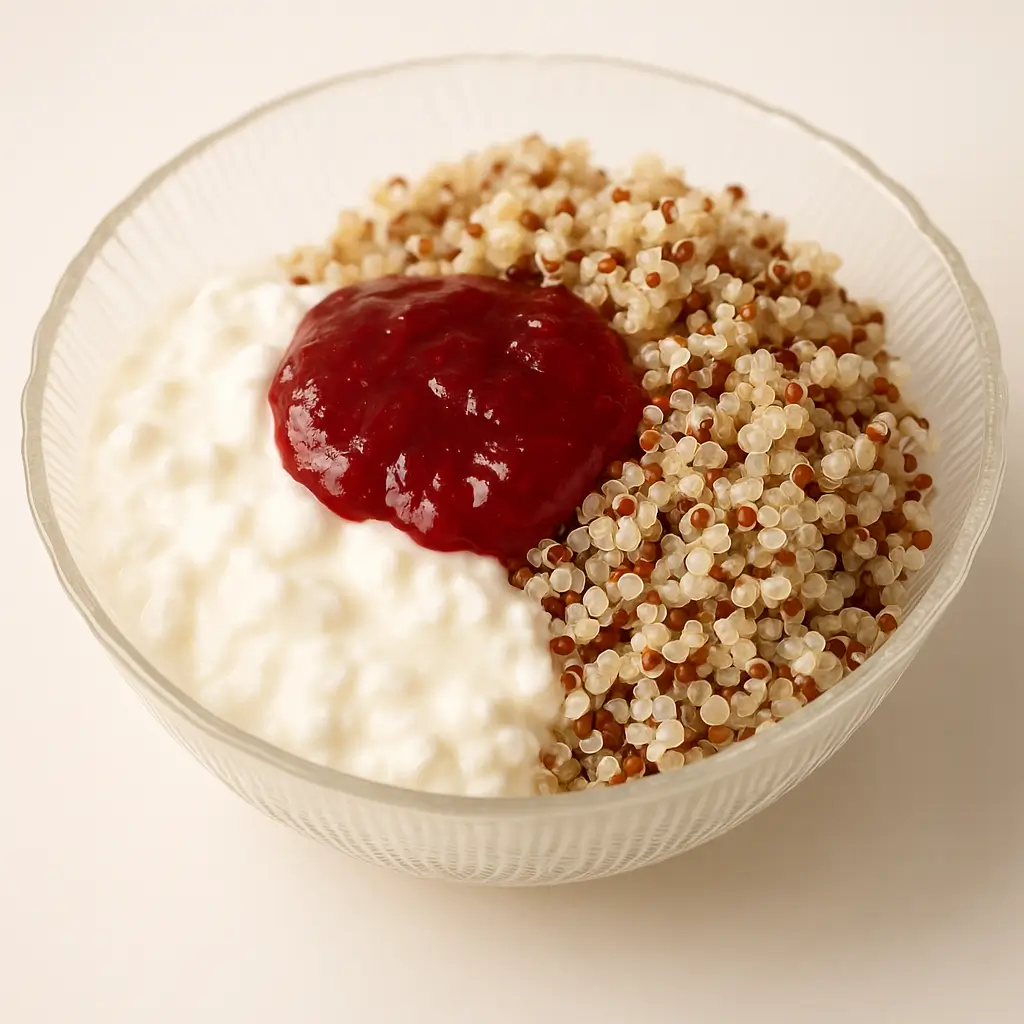 High protein quinoa breakfast bowl with cottage cheese, banana and blueberries.