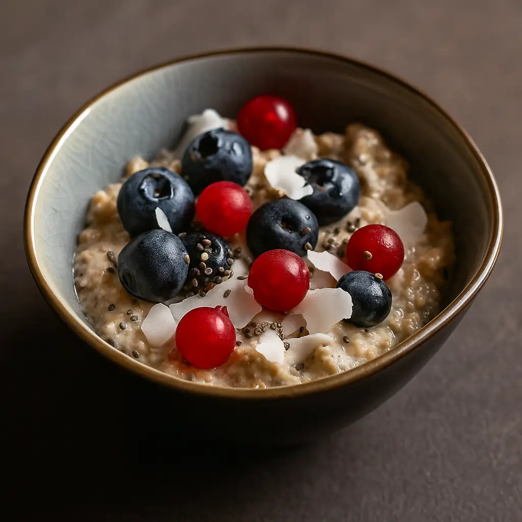 Overnight buckwheat oats in a jar topped with mixed berries and shredded coconut.