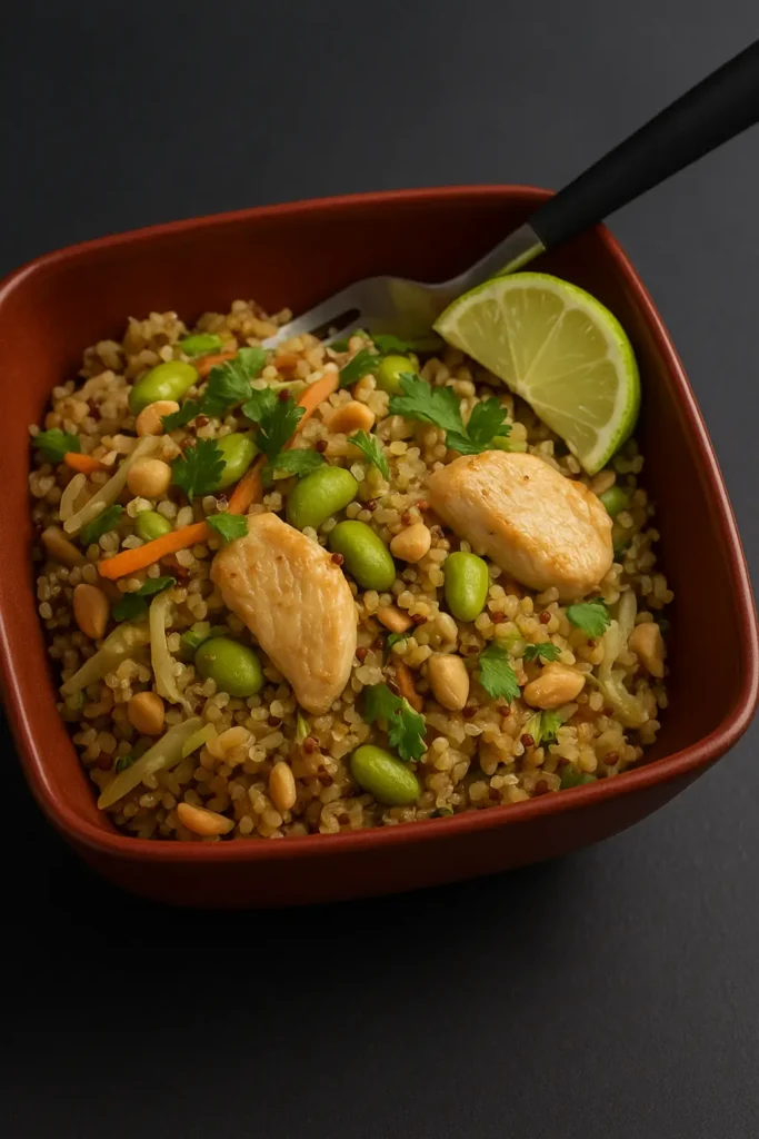 Pad Thai quinoa bowl with chicken, carrots, edamame and chopped peanuts.