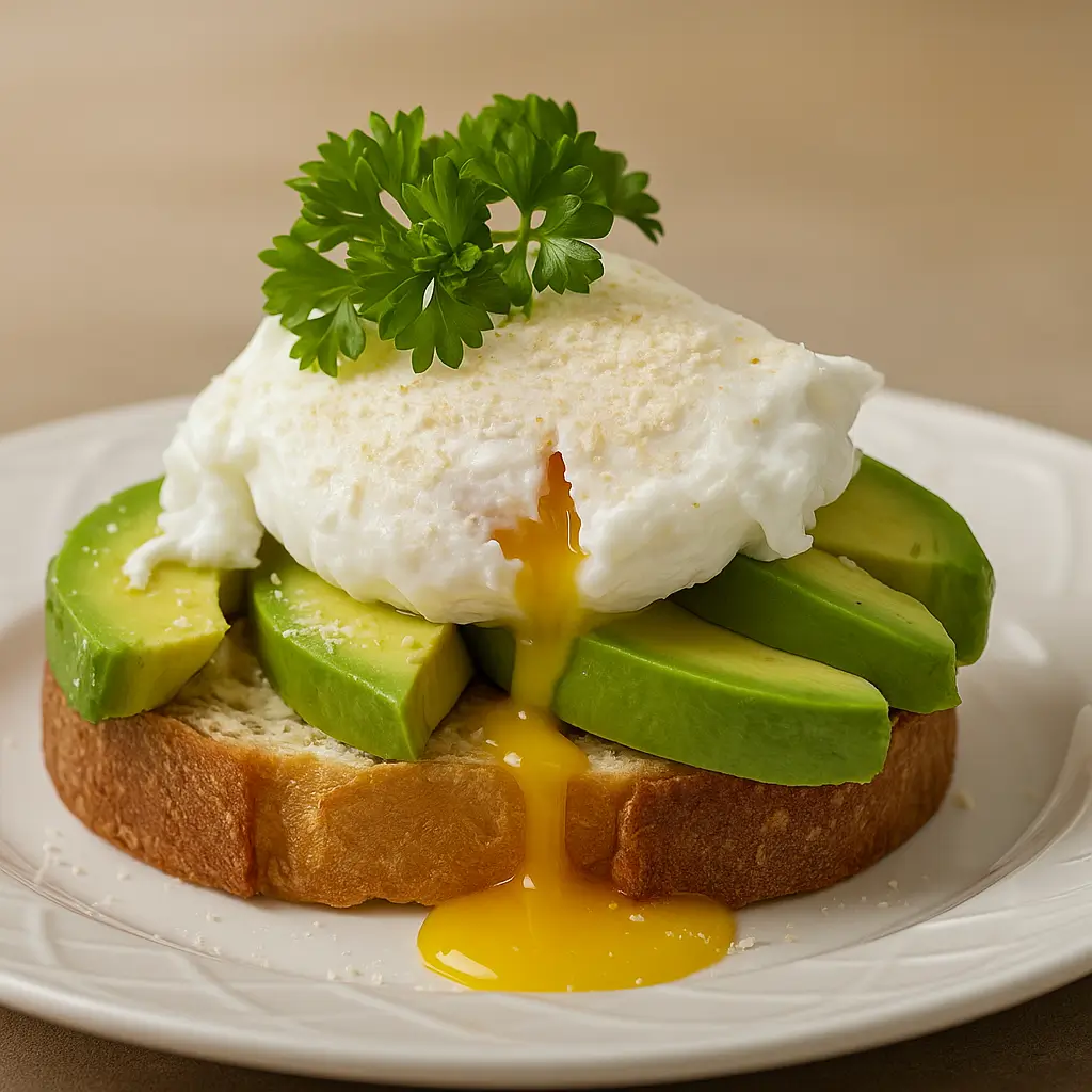 Sourdough toast topped with avocado, eggs and grated Parmesan