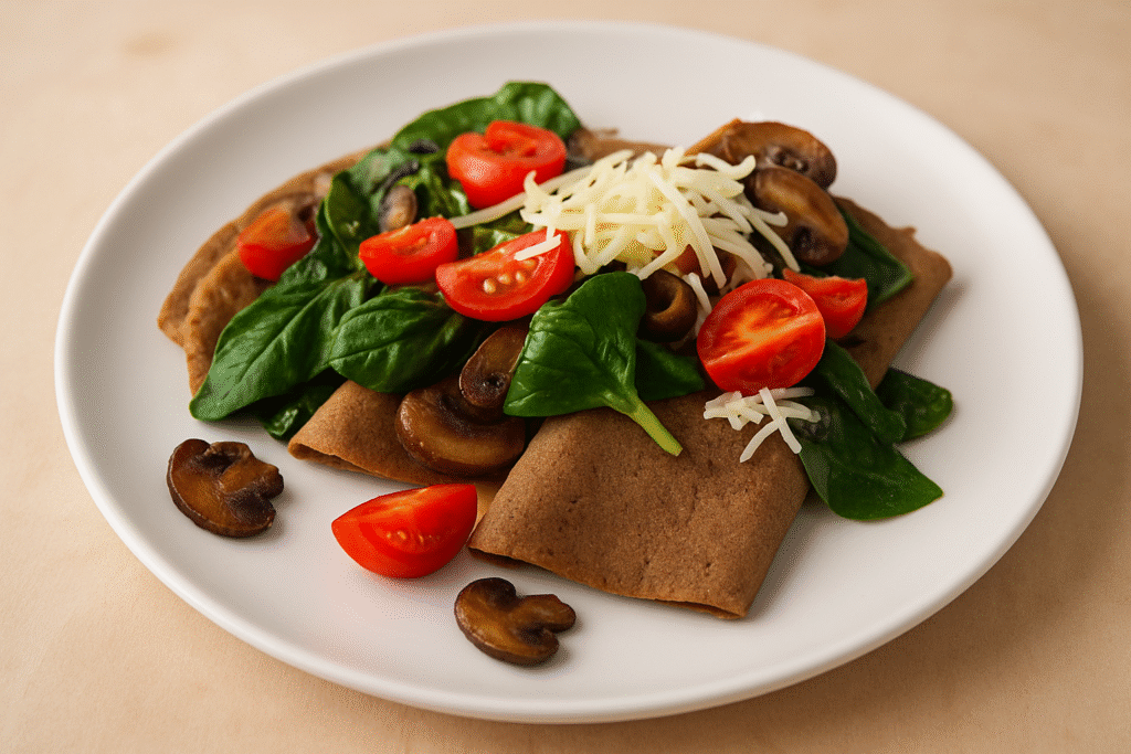 Savory buckwheat crepe folded over mushroom, spinach and Gruyère filling