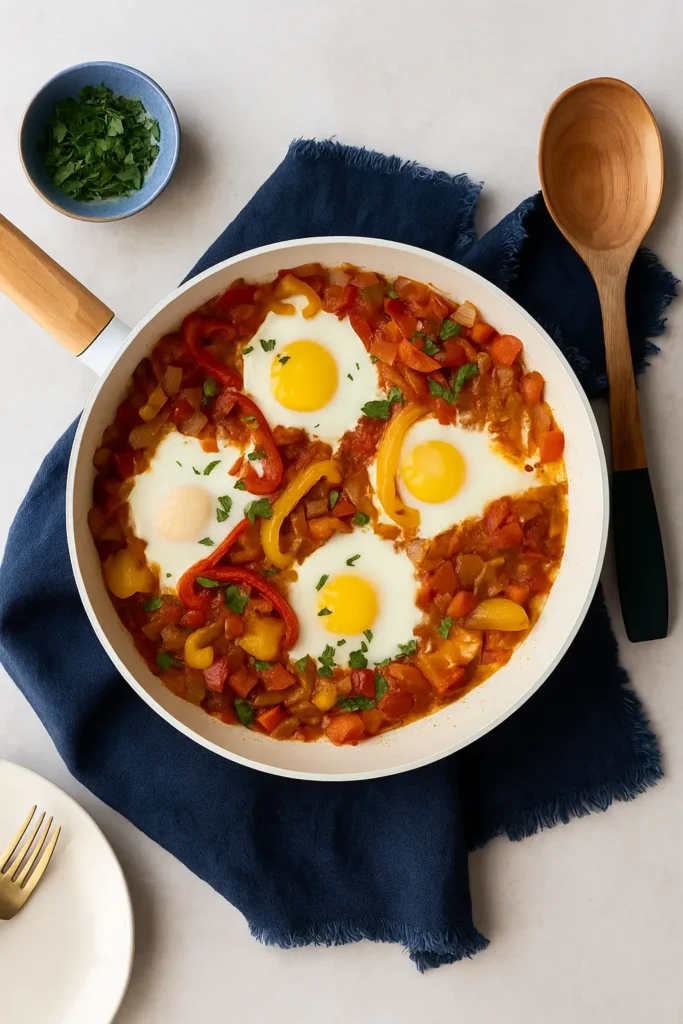 Shakshuka skillet with runny eggs and red pepper tomato sauce