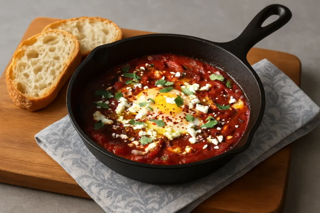 Single-serve shakshuka in skillet with runny egg, peppers and feta