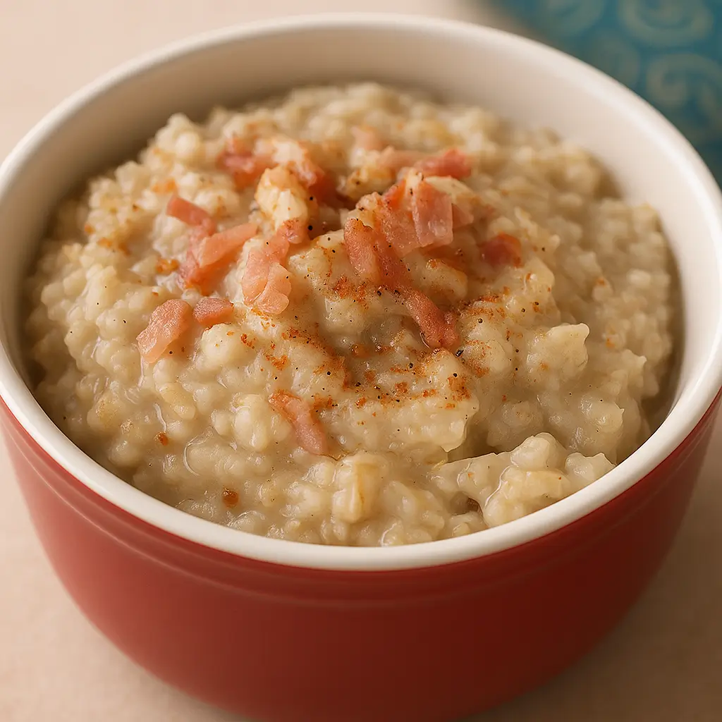 Savory oatmeal bowl topped with turkey sausage crumbles and green onions