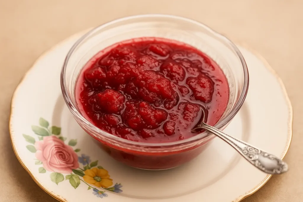 Jar of apple raspberry sauce next to fresh apples and raspberries