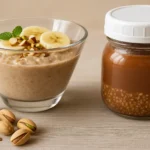 Bowl of steel-cut oats and quinoa porridge topped with cinnamon.