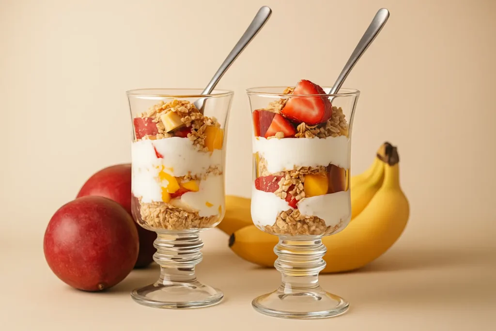 Layered yogurt parfait with granola and blackberries in a glass