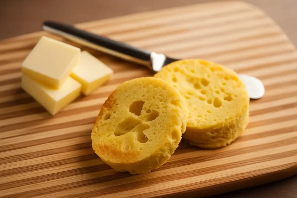 Sliced keto mug bread on a plate, golden-brown and ready to toast.