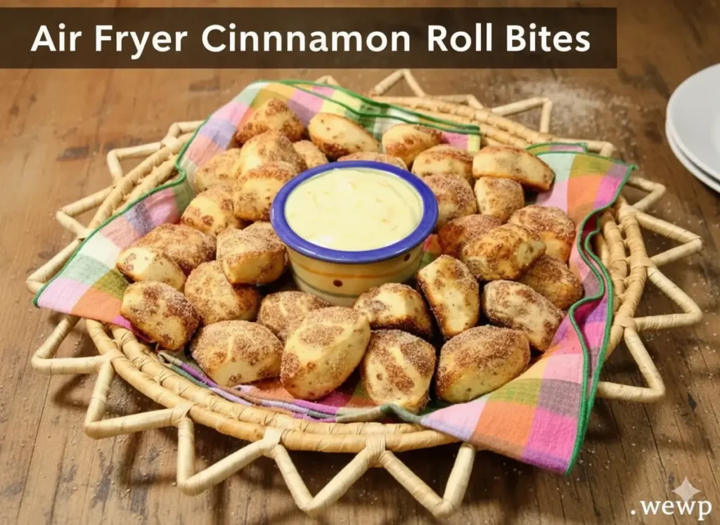 Golden air fryer cinnamon roll bites coated in cinnamon sugar next to a creamy orange dip.