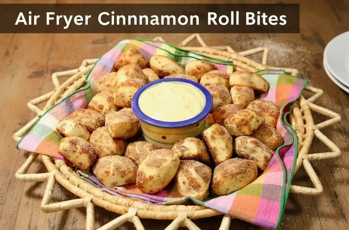 Golden air fryer cinnamon roll bites coated in cinnamon sugar next to a creamy orange dip.