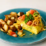Air fryer frittata wedge with peppers and melted Colby Jack, served with salsa.