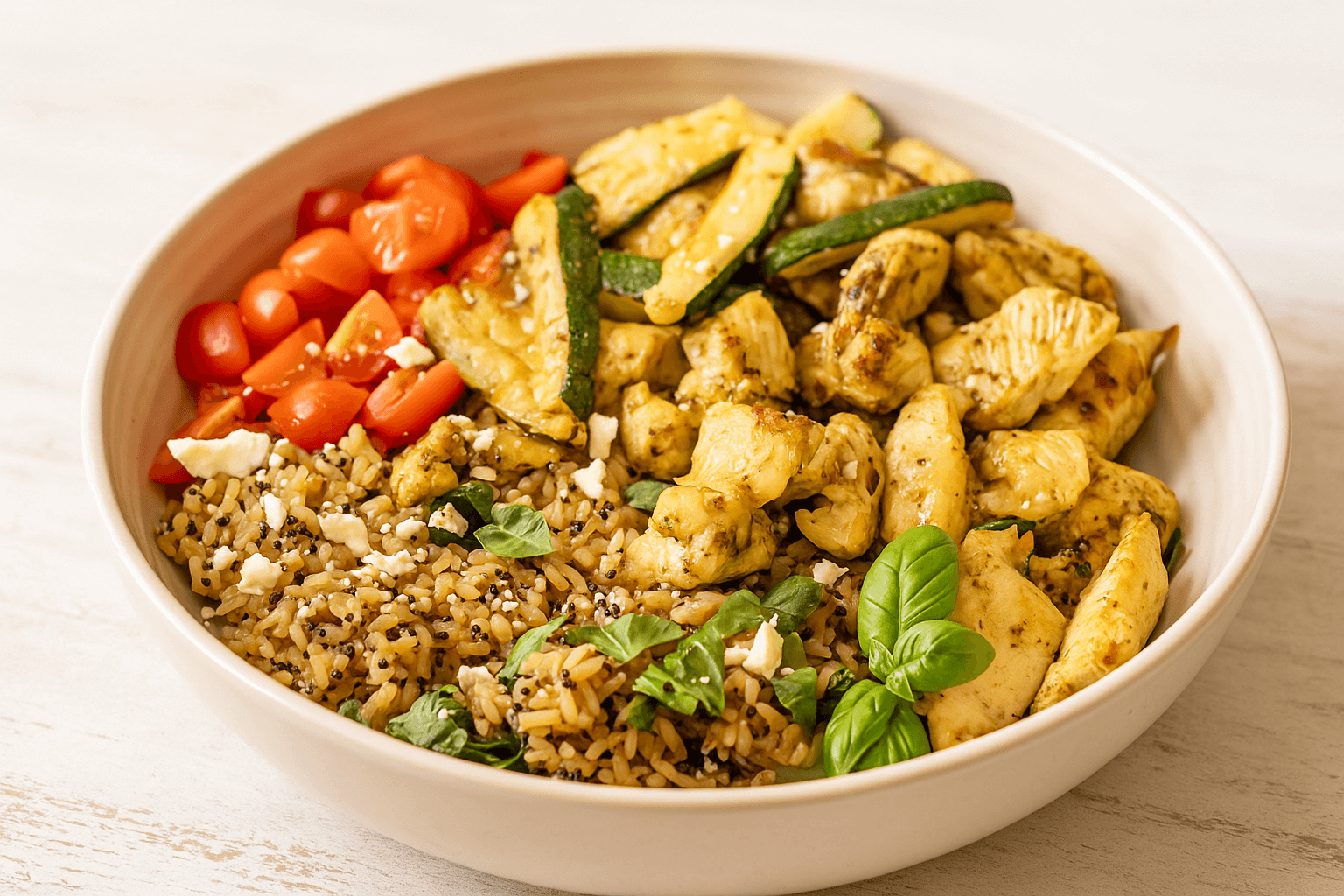 Air fryer pesto chicken quinoa bowl with zucchini spears, tomatoes and crumbled feta served in a bowl.