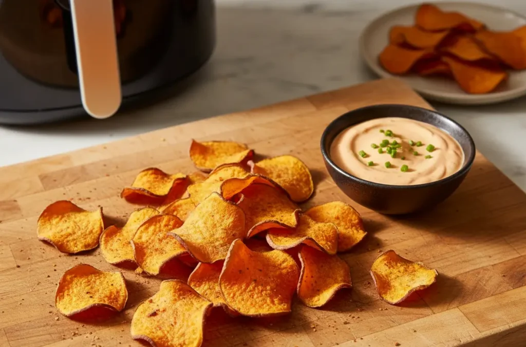 Crispy golden air fryer sweet potato chips stacked in a bowl with sea salt.