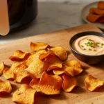 Crispy golden air fryer sweet potato chips stacked in a bowl with sea salt.