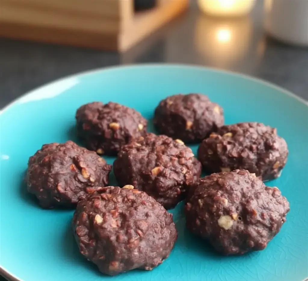 No-bake chocolate peanut butter cookies on a cooling rack with shredded coconut.