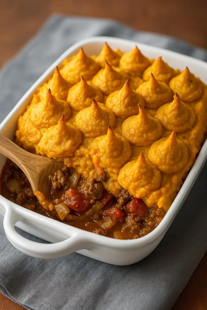 Autumn sweet potato shepherd’s pie with golden mashed sweet potato topping and turkey filling.