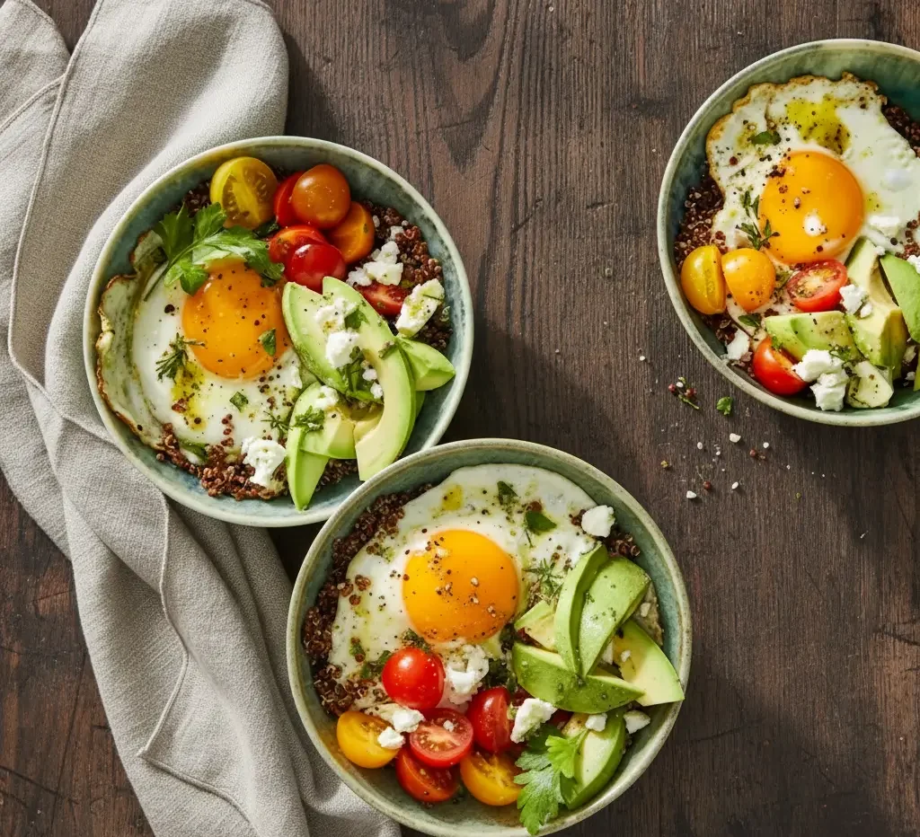 Avocado breakfast bowl with red quinoa, a fried egg, diced avocado and crumbled feta.