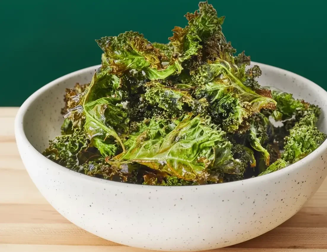 Oven-baked kale chips in a bowl, lightly salted and crisp.