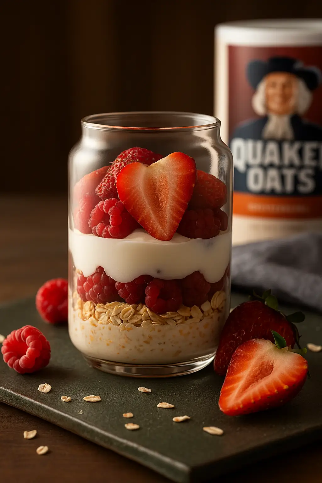 Jar of berry overnight oats topped with fresh strawberries, blueberries and raspberries.