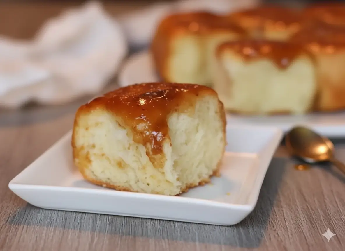Best caramel rolls — golden rolls drenched in sticky brown sugar caramel in a baking pan.