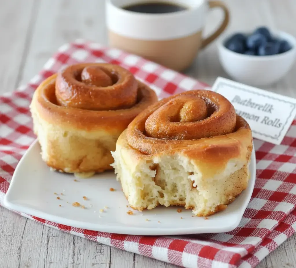 Warm buttermilk cinnamon rolls with brown sugar filling, fresh from the oven.