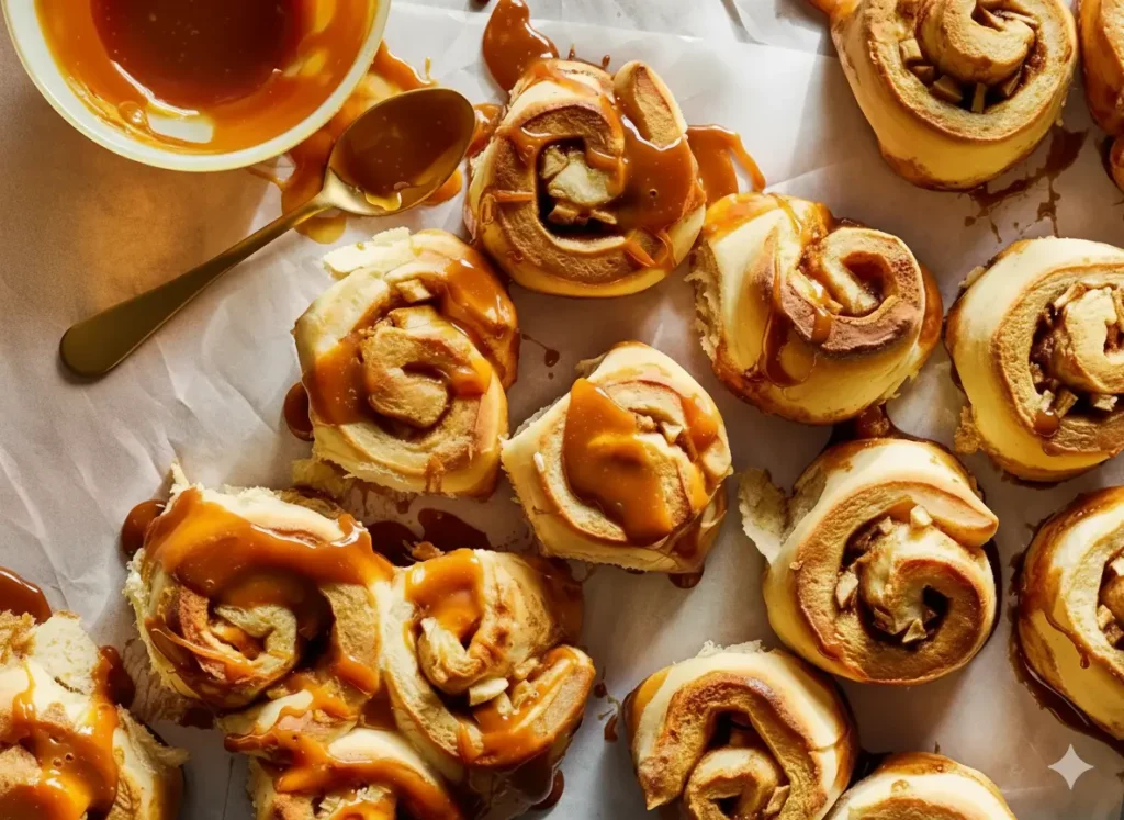 Caramel apple cinnamon rolls with caramel drizzle on a white plate