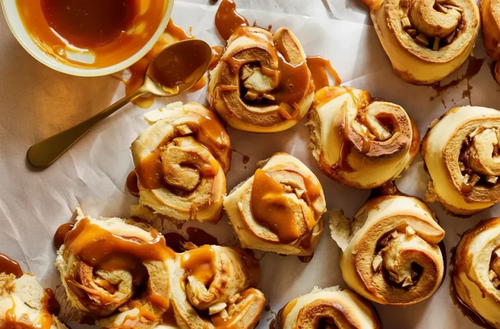 Caramel apple cinnamon rolls with caramel drizzle on a white plate