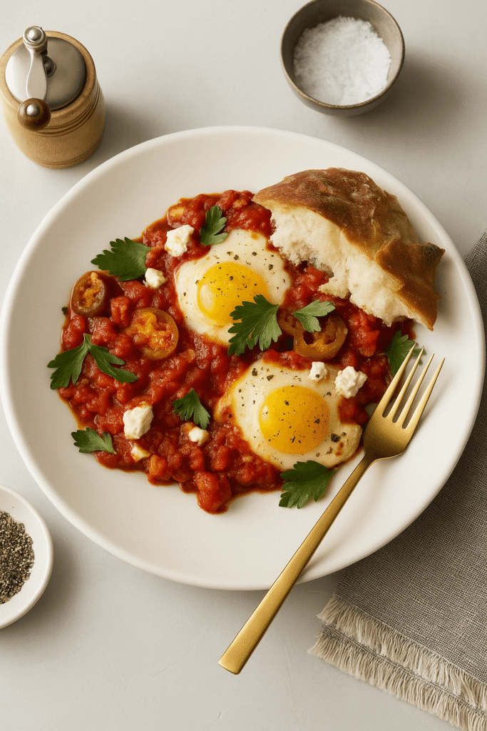Shakshuka with eggs poached in a rich spiced tomato and pepper sauce, topped with feta and parsley.
