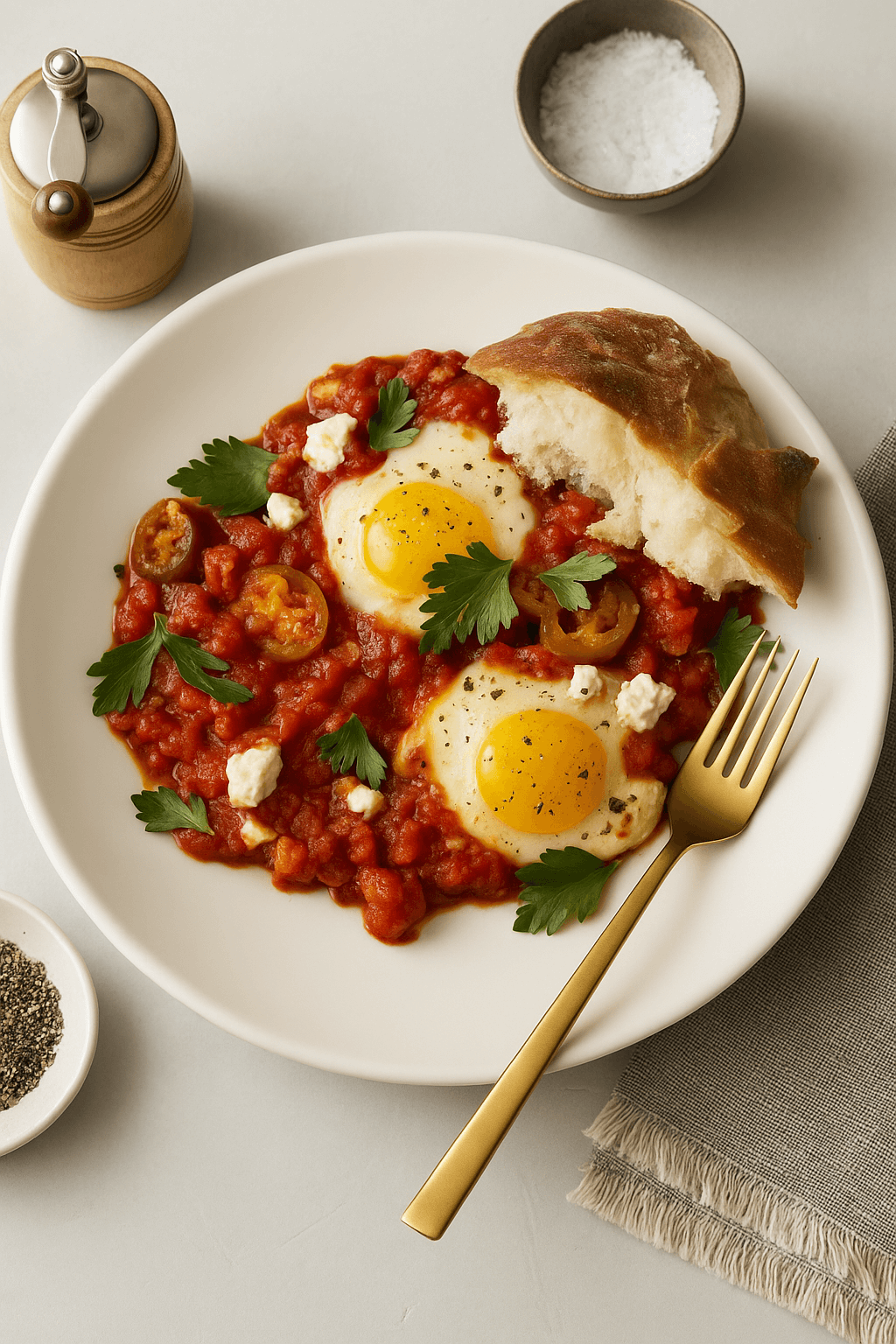 Shakshuka with eggs poached in a rich spiced tomato and pepper sauce, topped with feta and parsley.