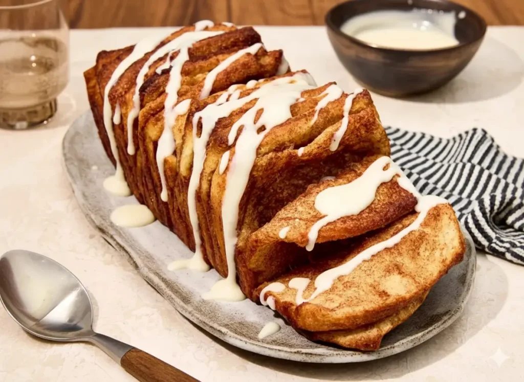 Cinnamon roll pull-apart toast loaf with cream-cheese glaze, slices ready to pull apart.