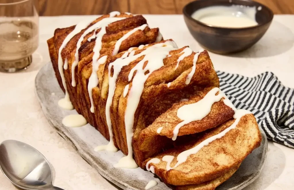 Cinnamon roll pull-apart toast loaf with cream-cheese glaze, slices ready to pull apart.