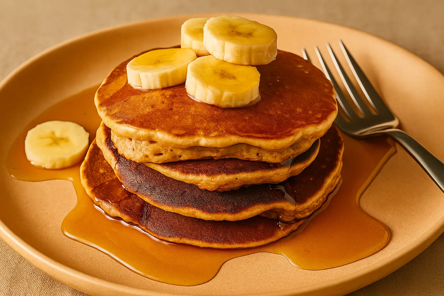 Stack of cottage cheese banana pancakes topped with berries and honey.