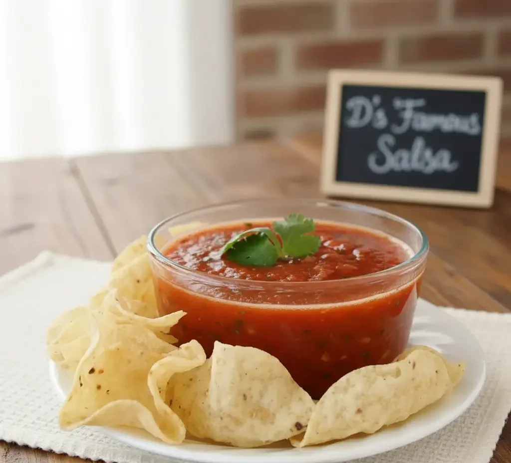 Bowl of vibrant red salsa with cilantro and tortilla chips.