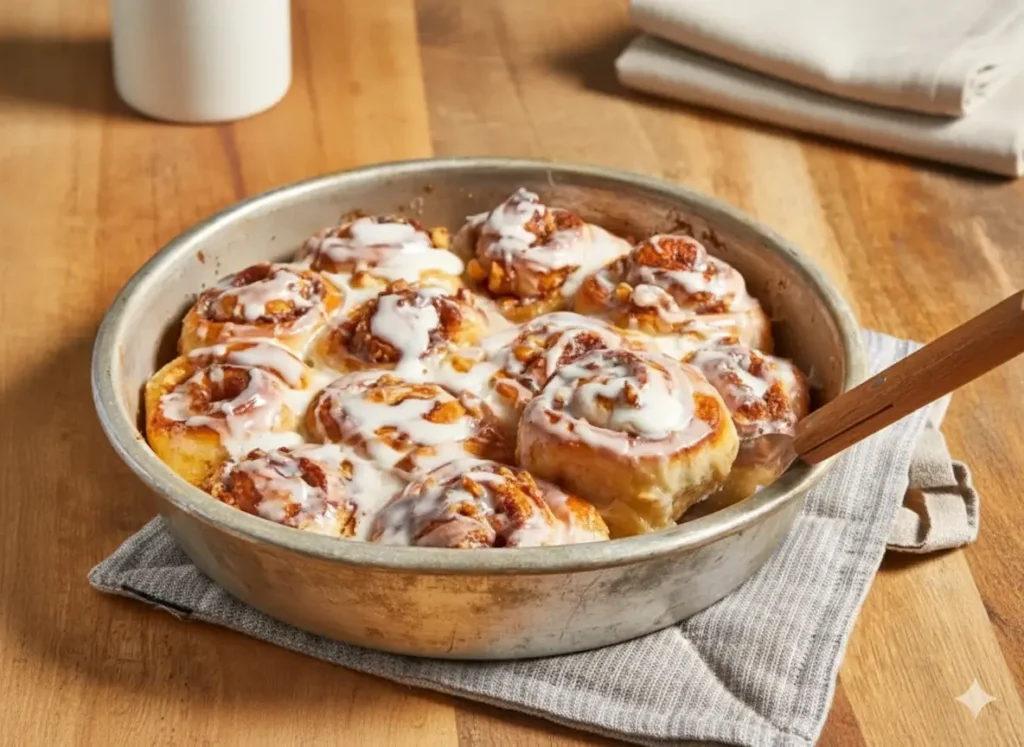 Easy cinnamon rolls — golden rolls with brown sugar walnut filling and light glaze.
