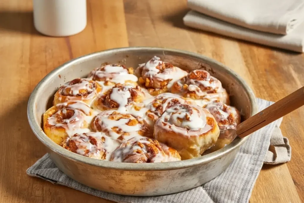 Easy cinnamon rolls — golden rolls with brown sugar walnut filling and light glaze.