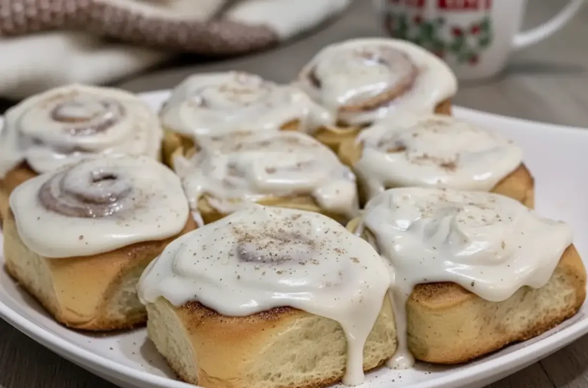 Warm eggnog cinnamon rolls drizzled with eggnog cream-cheese glaze and a sprinkle of nutmeg.