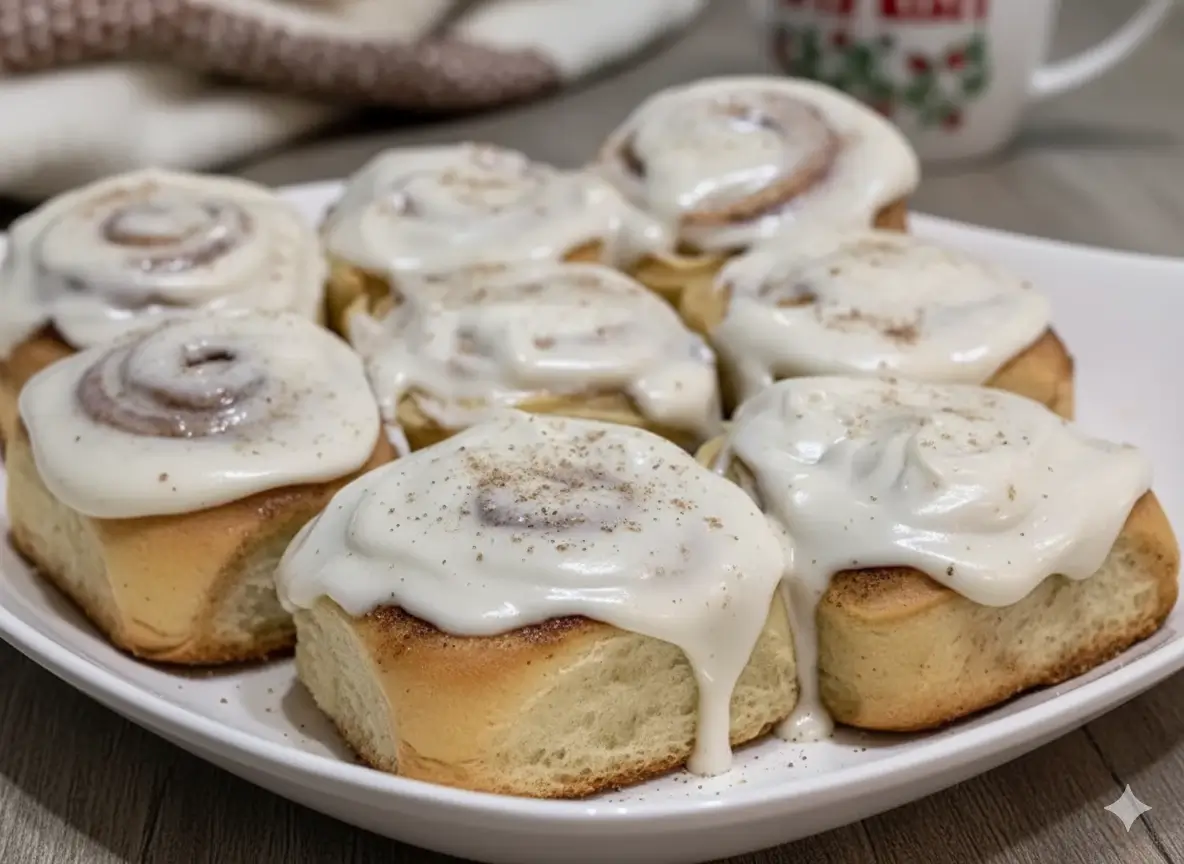 Warm eggnog cinnamon rolls drizzled with eggnog cream-cheese glaze and a sprinkle of nutmeg.
