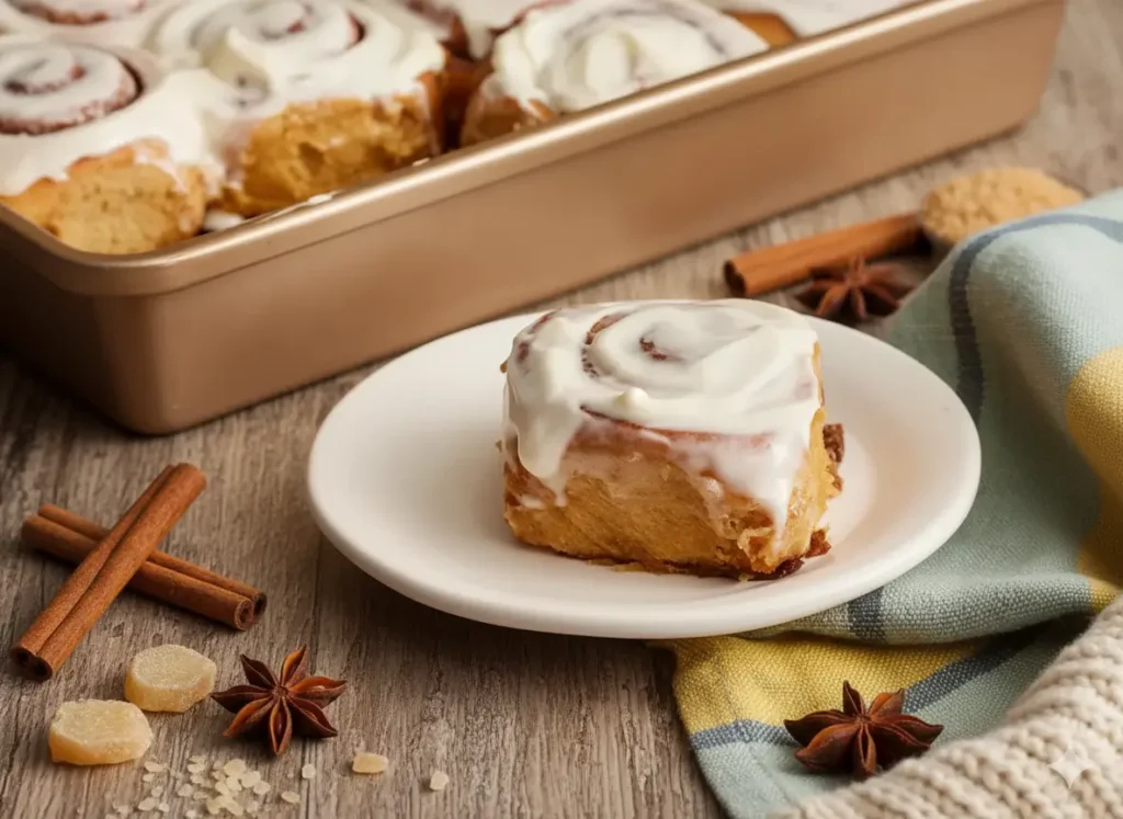 Gingerbread cinnamon rolls glazed with cream-cheese icing and dusted with holiday spice.
